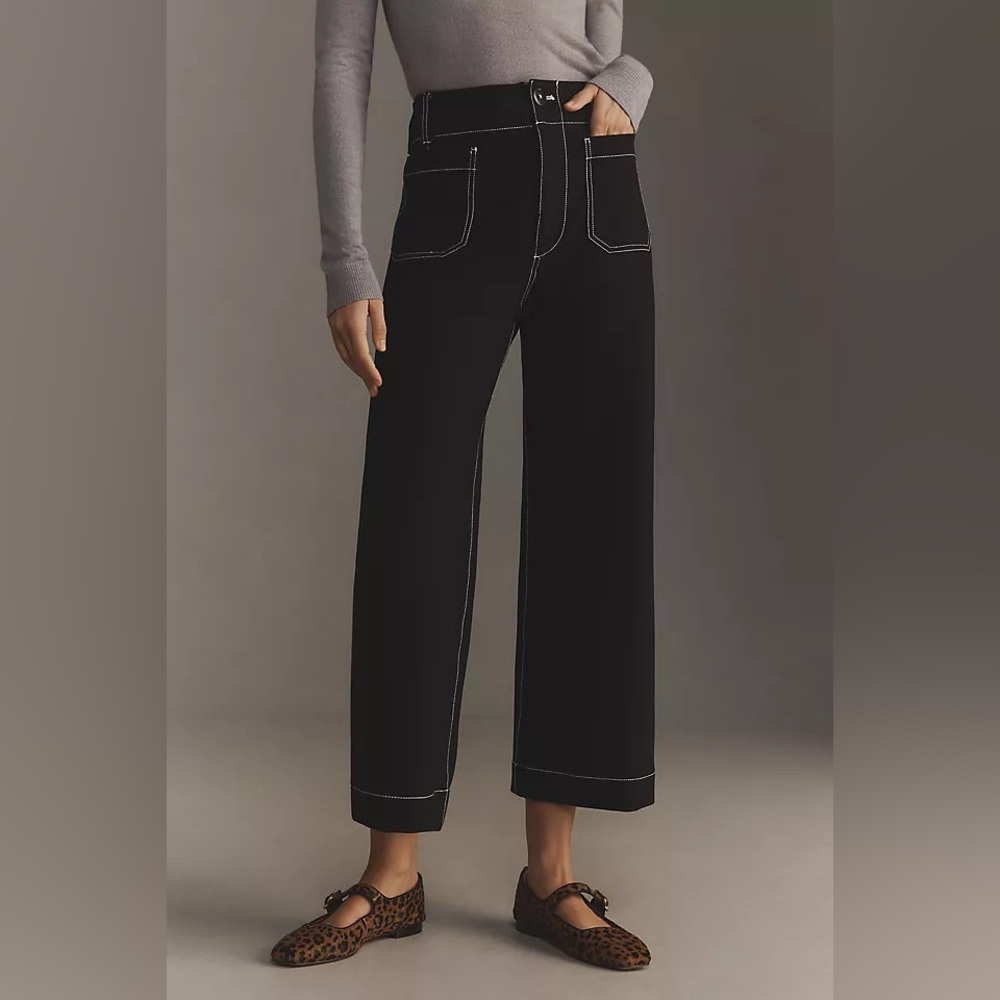 Maeve Black Wide-Leg Pants with Contrast Stitching
